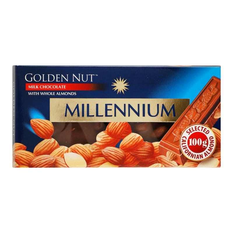 Шоколад Millennium Gold NEW молочний з цілим горіхом, мигдаль 100г 